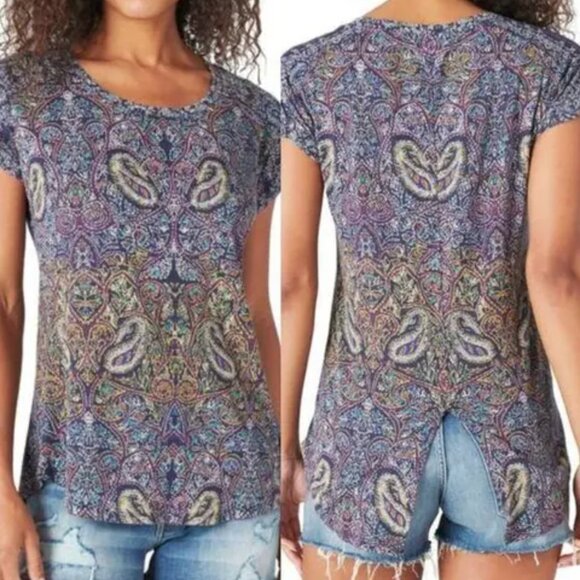 Lucky Brand 1X Navy Blue Paisley Split Back Cotton Modal Tee T-Shirt Plus Size - Picture 1 of 5